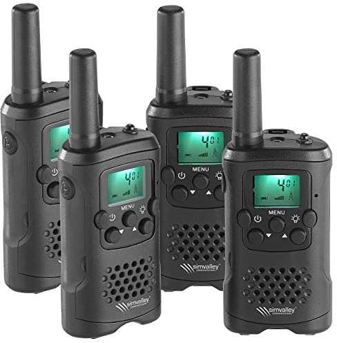 simvalley Communications 4er-Set PMR-Funkgeräte mit VOX, bis 10 km Reichweite, LED-Taschenlampe