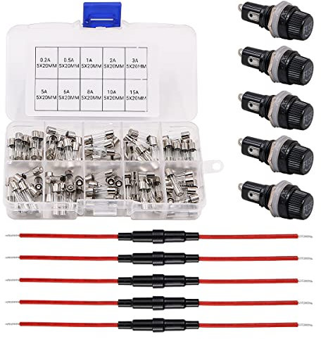 VOANZO 5 Pz 5 x 20mm Portafusibili in Linea Tipo di Vite con Filo 22 AWG + 100 Pz Kit Assortiti di Fusibili per Tubo di Vetro a Soffiatura Rapida