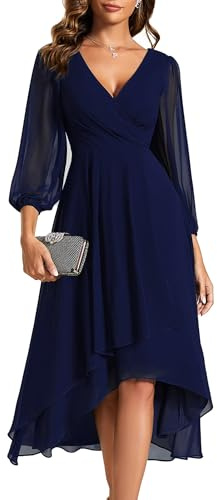 Ever-Pretty Vestito Elegante Donna Cerimonia Manica Lunga Collo a V Gonna Midi Blu Navy 42