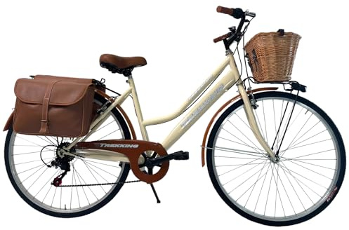 MADICKS Bicicletta Donna da Passeggio Olanda Misura 28 Bici da città Vintage retrò con Cestino Beige Con Cambio (Cestino Anteriore in Vimini e Borse)