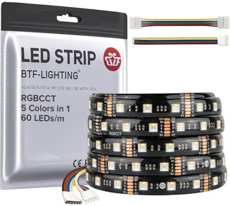 BTF-belysning RGBCCT 5 färger i 1 5050SMD LED-remsa DC12 V 5 m 60 LED/m 300 LED RGB+varm vit svart PCB IP65 vattentät för rums- och köksdekoration (kontroll och strömförsörjning ingår inte)
