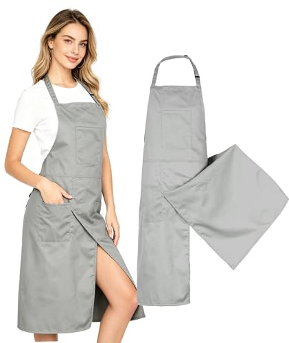 MIKI WELL Pottery Split-Leg Make Ceramic Apron, Long Split-Leg Artist Painting Apron with 3 Pockets for Men and Women (Grey)