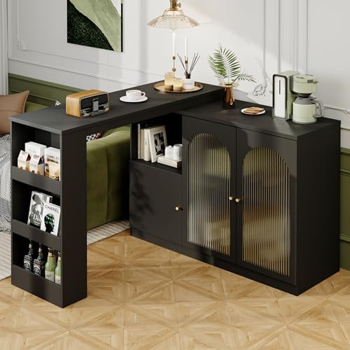 Ymkua Ausziehbarer Bartisch, Bar Tisch Esstisch Anrichte mit Glastür, 360° drehbarer Ausziehbarer Esstisch mit Stauraum, Stehtisch Bistrotisch für Esszimmer Theke Küchentisch, 120x40x97 cm (Schwarz)