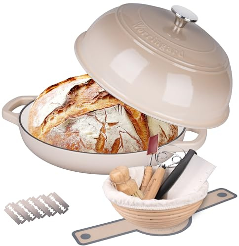 VORRINGARD Enameled Cast Iron Dutch Oven Pot with Lid, Bread Oven for Sourdough Bread Baking, Dutch Ovens with Bread Proofing Basket& Baking Supplies Set, 6 Quart, Latte