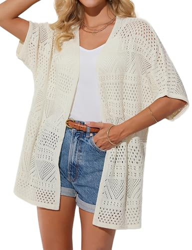 GRACE KARIN Womens Open Front Crochet Cardigans 2025 Short Sleeve Lightweight Sweater Summer Knit Oversized Kimono Cardigans Vacation Outfits White M
