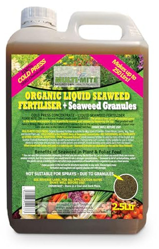 Multi-Mite 2.5 Ltr Liquid Seaweed + Granules Organic Cold Pressed Concentrate - 100% Natural - Plant Feed Fertiliser Trees Lawn Veg & House Plants Root or Foliar Feed (2.5 Litre WITH GRANULES)