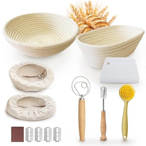Homiely Bread Proofing Basket, Natural Rattan Sourdough Kit, 14 Piece - 9 Round and 10 Oval Banneton Basket with Bread Lame, Danish Whisk, Bowl Scraper, Linen covers for Professional Home Bakers