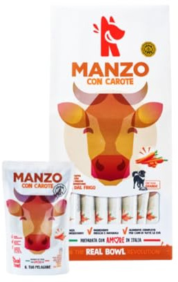 RealBowl Umido Cane gusto Manzo e Carote, alimento completo per cani adulti di tutte le taglie, barf, alimento cucinato naturalmente | 6 bustine da 400 grammi l’una.