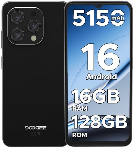DOOGEE N55 Teléfono Móvil Libre Android 16, Smartphone con 16GB + 128 GB, 6.56 HD/90 Hz, Telefono Movil Cámara 13+8MP, Movil Octa Core, Batería 5150mAh Carga Rápida 10W OTG Face ID Móvil Negro