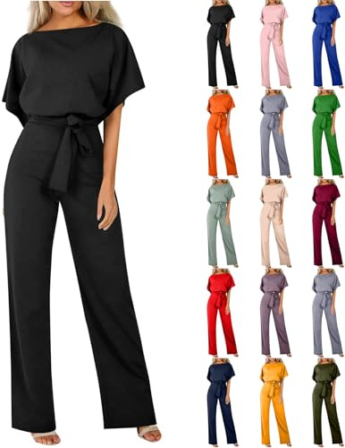 HOOUDO Women's Jumpsuits & Playsuits Evening Summer Short Sleeve Playsuits Ladies Plain Casual Wide Leg Pant Belted Romper Formal Wedding Overalls Baggy One Piece Outfits Dungarees My Orders UK 2024