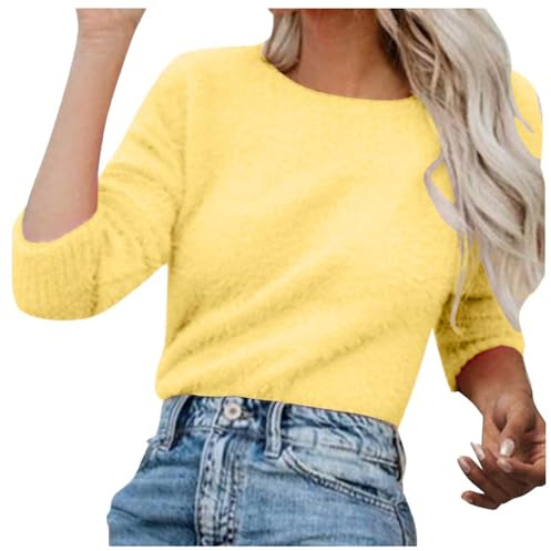 Warm Tops for Women UK, Women's Fuzzy Knit Sweater Shirts Oversized Cozy Pullover Jumper Tops Long Sleeve Crewneck Casual Winter Warm Fleece Loungewear Yellow XL