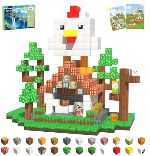 CraftyNest Magnetic Blocks Building Toys for Kids, 48 PCS Magnetic Blocks for Kids Ages 4-8, Magnetic Cubes, STEM Sensory Toys for Boys & Girls, Birthday Gifts for Kid Ages 3+ (Chicken Farm)