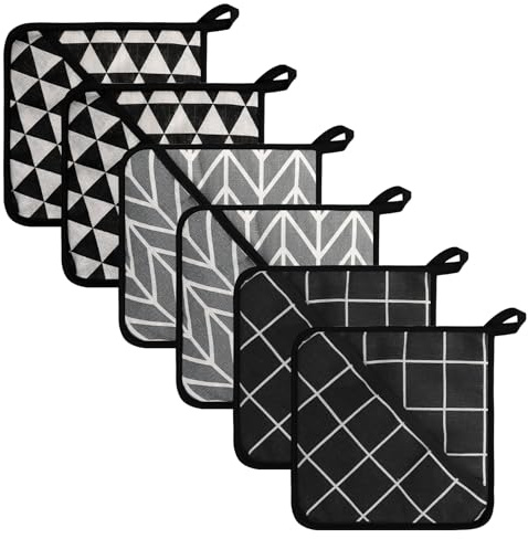 DAWRIS 2 in 1 Pot Holder with Pocket, 6Pcs Oven Gloves Set Heat Resistant up to 260℃ Practical Hot Pads with Hook, Heat-resistant Kitchen Pot Holder for Cooking Kitchen