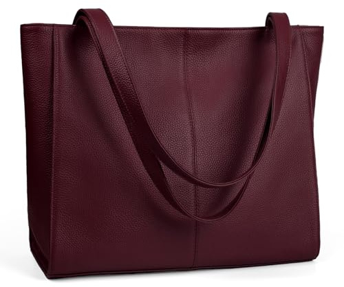 befen Bolsos Tote de Cuero Genuino para Mujeres Bolsos de Hombro Grandes para Mujeres Bolso Tote para Portátil para Mujeres Bolsos de Mano con Compartimento para Portátil, granate, Large
