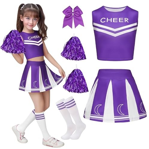 Costume da cheerleader per bambini, da cheerleader, per ragazze, da cheerleading, uniforme, con elastico per capelli, pompon e calzini da cheer leader, per bambini, costume di carnevale, Halloween