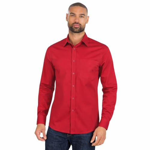 Mens Long Sleeve Shirt Tailored Fit Easy Iron Collared Button Up Poplin Smart Casual Business Wedding Office Shirt (RED, 17.5)