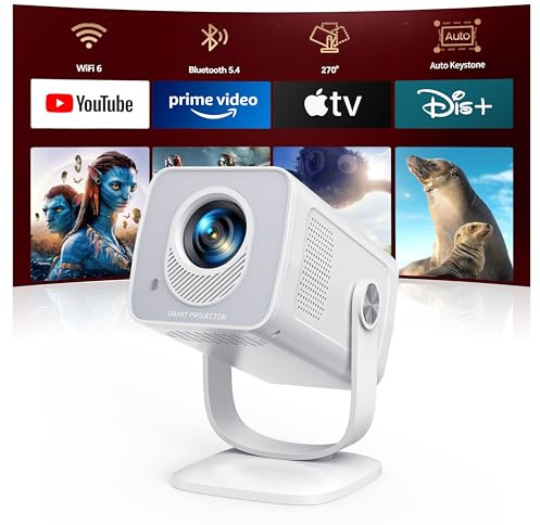 Mini-Projector with WiFi6 and Two-Way Bluetooth5.4, 1080P 4K Support, [Built-in Apps & 2026 Android 13] Portable Outdoor Movie Proyector for Bedroom, Auto Keystone & 270° Rotation for Phone/HDMI/USB