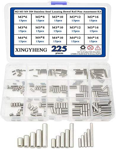 BGTXINGI 225PCS 15 Kinds M2 M3 M4 304 Stainless Steel Locating Dowel Pins Assortment Kit(Round Straight Pin Fixed Element Set with A Storage Box)
