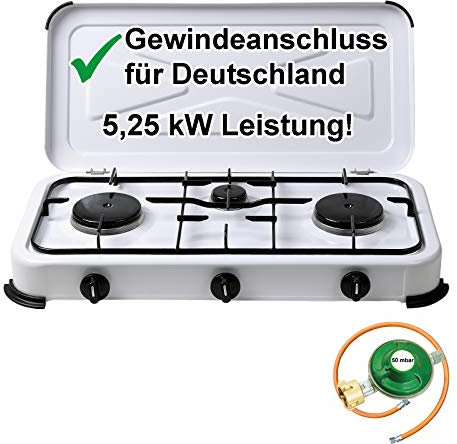 Gaskocher Campingkocher 3-flammig Gasherd 50 mbar mit Gasschlauch 100 cm und Gasregler 50 mbar