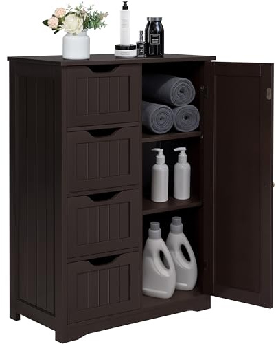 Yaheetech Wooden Bathroom Floor Cabinet, Side Storage Organizer Cabinet with 4 Drawers and 1 Cupboard, Freestanding Entryway Storage Unit Console Table, Home Decor Furniture, Brown