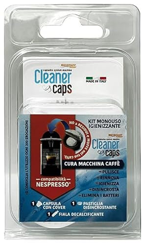 CleanerCaps Pulizia Macchina Caffè, Kit Doppia Azione - Compatibile con Nespresso - Capsula Detergente e Decalcificante Liquido - Pulizia Interna non Corrosiva, Facile e Automatica