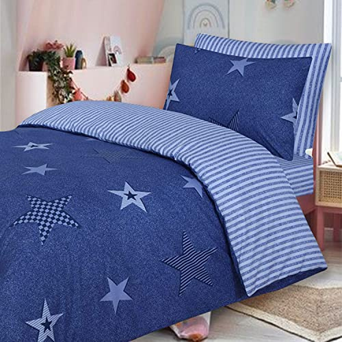 DTEX HOMES - Set di biancheria da letto per bambini in 100% cotone, copripiumino reversibile con federe e lenzuolo con angoli coordinati (stelle blu, set completo singolo)