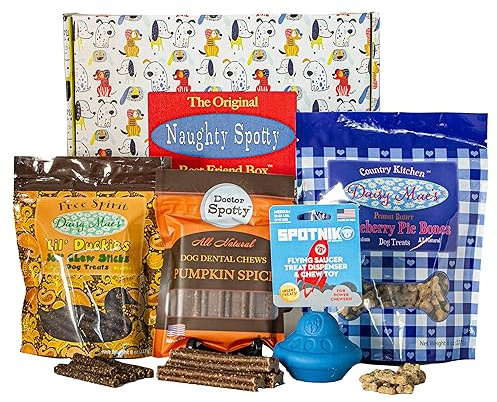 Naughty Spotty Dog Treat Box with UFO-Shaped Treat Dispenser, USA-Made Treats & Dental Chews, for Small (Blueberry Peanut Butter, Pumpkin & Duck Flavor).
