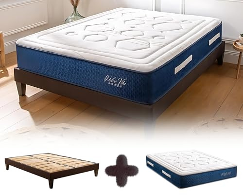 Maison Aubertin - Ensemble Matelas Sommier Hybride Dolce Vita 180x200, Ép 58, 957 Ressorts Ensachés & Mémoire de Forme Haute Densité 60 kg/m³, Lit en Bois Massif, 2 Personnes