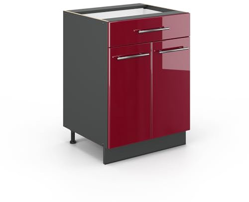 Vicco Küchenunterschrank Fame-Line, Bordeaux Hochglanz/Anthrazit, 60 cm mit Schublade, ohne Arbeitsplatte