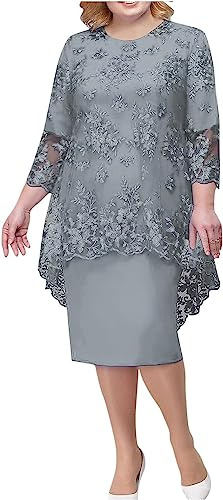 Vagbalena Donna Yard Chiffon Scialle Abiti da Cocktail Abiti da Vacanza Abiti da Festa al Ginocchio Abiti A-Line con Sovrapposizione Abiti da Prom Ricamo in Pizzo Set Due Pezzi (Grigio,XL)