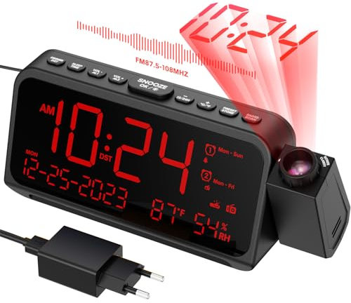 ROCAM Projektionswecker mit 270° Projektor, Wecker Digital mit UKW Radio, Snooze, Wochenendmodus, Dimmer, Typ-C, USB, Ladefuntion, Digital Uhr mit Datum, Temperatur, Nachtlicht