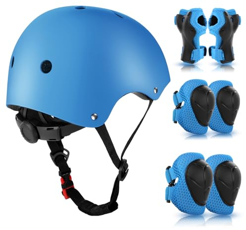 WayEee Kids Helmet and Pads Set Age 3-10 Years, Adjustable Kids Bike Helmets, Boys & Girls Kids Skateboard Helmet, Knee, Elbow &Wrist Pads Set, for Cycling, Roller Skating, Skateboard(Blue)