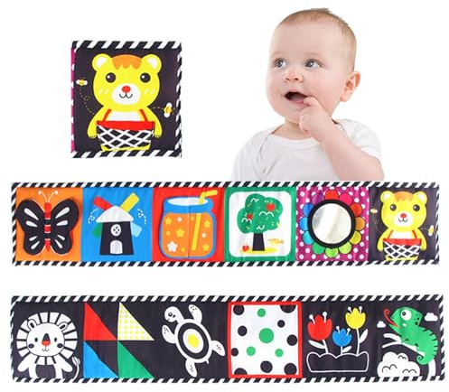 Yolistar Libri Sensoriali Neonato con Specchiom,Tummy Time Neonato，Libri Neonato,Giochi Sensoriali per Neonati,Libri di Stoffa per Neonati 0 3 6 Mesi, Con Suono, Pieghevole e Lavabile