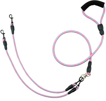 Double Dog Lead for Walking 2 Dogs No Tangle, Dual Leash Splitter with Double Ended Clips, Suitable Pet Lead for Small Breeds around 8 KG, Perfect for Training & Outdoor Walks（Pink, Diameter 1cm）