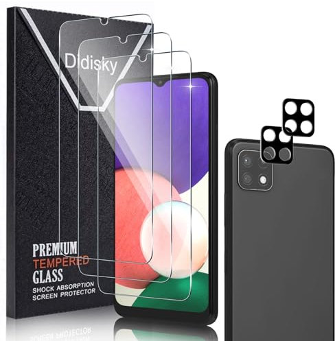 Didisky 3+2 Pack Screen Protector for Samsung Galaxy A22 5G, 3 Pack Tempered Glass Screen Protector with 2 Pack Camera Lens Protector, 9H,Easy to Install,Scratch-Resistant, HD