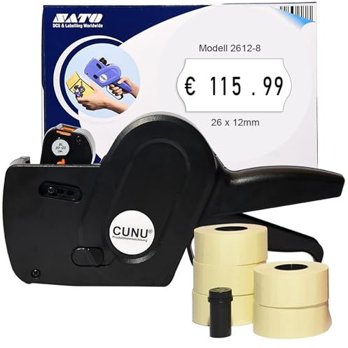 CUNU - Einzeiliger Preisauszeichner für Preise, Datum, Grundpreise & Chargennummern (8 Druckzeichen) - Handauszeichner Gerät einzeilig für 26x12mm Etiketten - Preismaschine/Auszeichner vom Fachhandel
