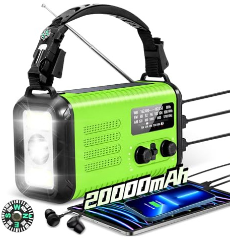 Survie Radio d'urgence Solaire à Manivelle 20000mAh, Radio Météo AM FM WB, Batterie Externe USB C, Lampe Torche LED, Alarme SOS, Boussole, Étanche pour Camping et Pannes de Courant