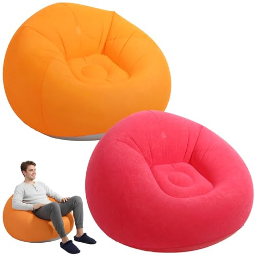 2 Pcs Inflatable Lazy Sofa Chairs, 41.3 in Inflatable Bean Bag Chairs Set, Portable Inflatable Chair for Adults Youngsters, Indoor Outdoor Lounging, Red & Orange