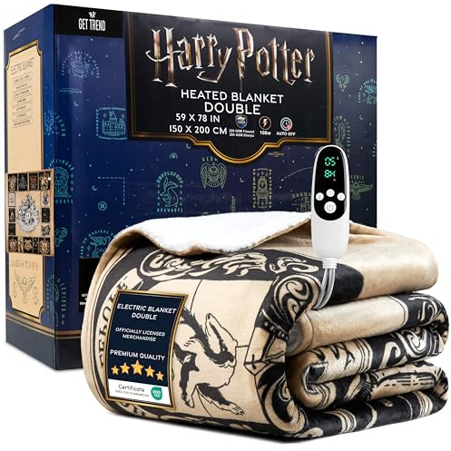 Get Trend Harry Potter dubbel värmefilt 150 x 200 cm, mysig sherpa-fleece, 9 nivåer elektrisk uppvärmning med 12 timmars automatisk avstängning (Multi Harry Potter, dubbel EU)