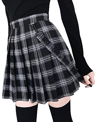 Tidecc Mini jupe plissée gothique à carreaux avec bretelles - Taille haute - Noir - Noir - 38