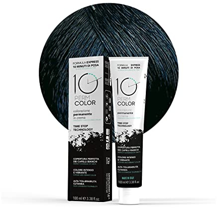 10 Perm, langanhaltende Express-Färbung, Haarfarbe 1.1 Schwarz Blau, Haarfarbe, schnelle und homogene Abdeckung in 10 Minuten, brillante Farbe, intensiv und hell, 100 ml
