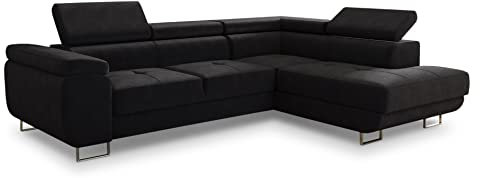Ecksofa Caris mit Schlaffunktion und einstellbare Kopfstützen, Wohnlandschaft mit Bettkasten, Couch, Sofa, Bettsofa (Schwarz (Kronos 07), Ecksofa Rechts)