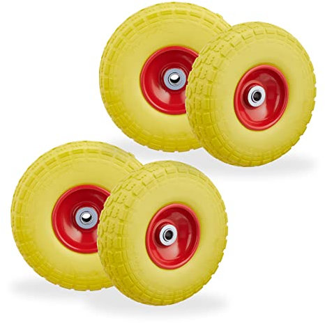 4 Ruedas de Carro, Antipinchazos, Macizas, 4.10/3.50-4, Eje de 16 mm, hasta 150 kg, 26 x 8,5 cm, Amarillo y Rojo