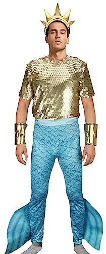 Funhoo Hommes Roi Triton Costume Père Sirène Prince Merman Couronne Dieu maritime Poséidon Queue de poisson Cosplay Halloween Tenues de fête pour Adultes (Or, XXL)