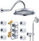 Concealed Shower with Body Jets, 3 Outlets Thermostatic Valve with 9 Inch Round Rainfall Shower Head, Handheld and Shower Jets, Brass Wall Mounted Rain Shower System, Chrome
