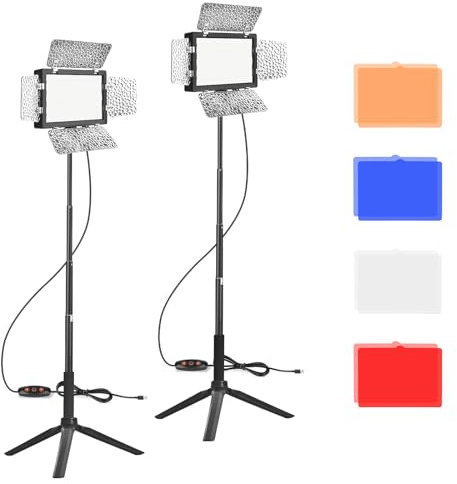 EMART LED Luces de Video Juego de 2 Piezas,Luz de Estudio Regulable,con Mampara y 4 Filtros de Color,5500K 66 LED Lámpara de Sobremesa para Vídeo Fotográfico