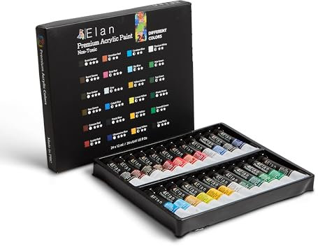 Elan Kit Peinture Acrylique Adulte, 24 Tubes Peinture Acrylique sur Toile 12ml, Acrylic Paint Set, Kit Peinture Adulte, Tube Peinture Acrylique Lot