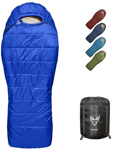 Azitrek 0 Degree Camping Sleeping Bags Mummy for Adults Youth | XXL Big and Tall 3-4 Season Warm Cool Winter Cold Weather Sleeping Bag w. Compression Sack | Side Sleeper Friendly (Lake Tahoe Blue)
