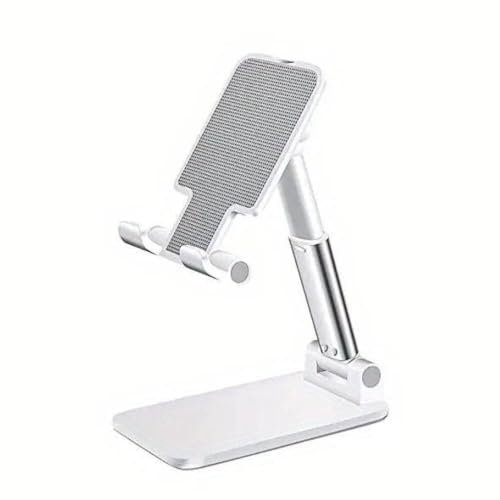 RJP Fully Foldable & Adjustable Phone Stand – Height & Angle Desk Mount for iPhone, iPad, Tablet & Smartphones | Sturdy Mobile Holder for Office, Bedside, Filming & Hands-Free Viewing – White