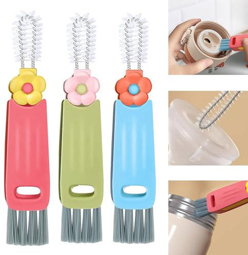 3 Stück 3 In 1 Multifunktionale Reinigungsbürste,Niedliche Blumen Flaschenbürste,Tragbare Reinigungsbürsten,Bürste Reinigung für Flaschenspalten,Kleine Tassen,Kaffeebecher,Thermosbecher